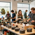 Shoppers exploring ROKOK88 outdoor gear and cast iron cookware at Annie's Collections, showcasing vibrant retail atmosphere.