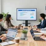 Business strategy meeting discussing merchant cash advance for small business with diverse entrepreneurs analyzing financial data.