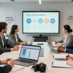 Discussion on big six energy suppliers in a modern office setting, highlighting team collaboration and energy pricing strategies.