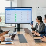 Team collaborating to compare business mobile deals UK in a vibrant office space.
